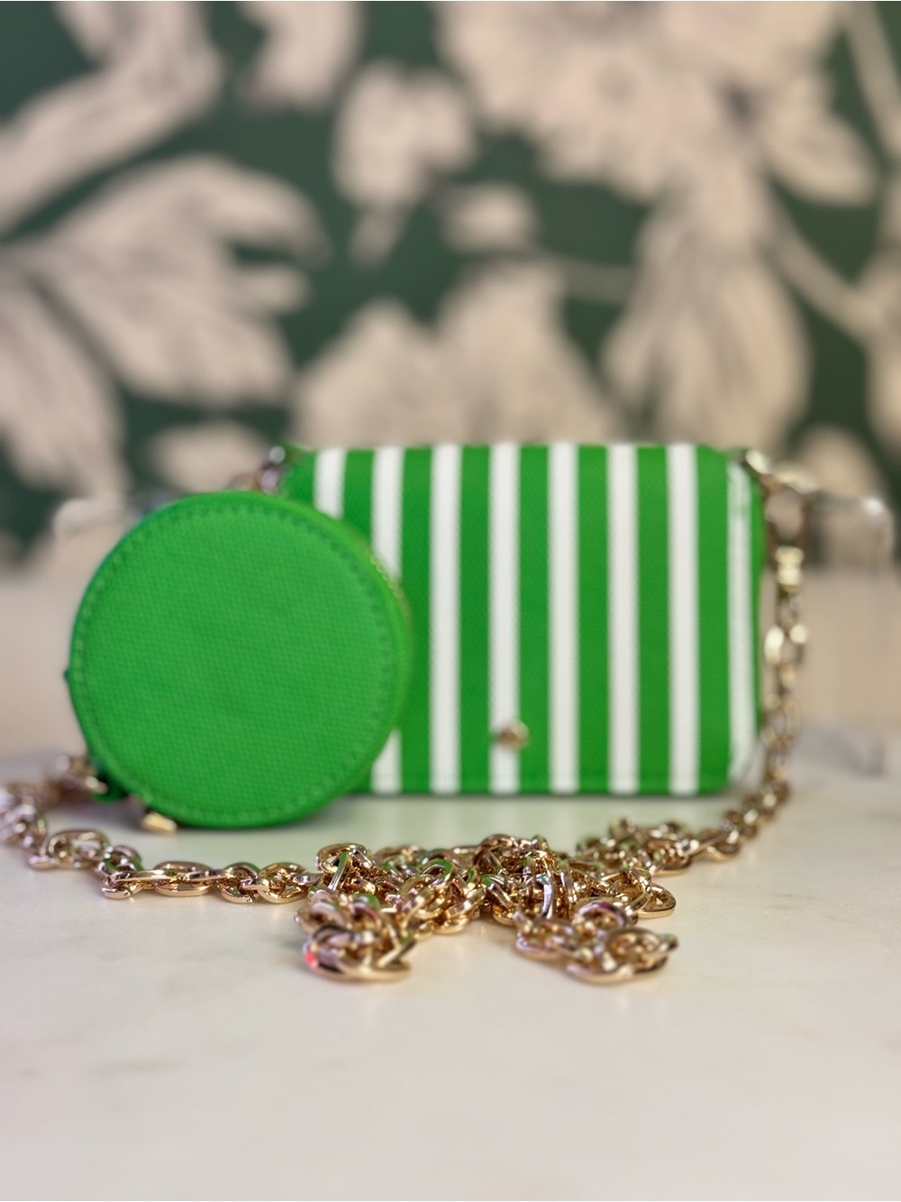 Bright Green and White Striped Crossbody with Round Coin Pouch